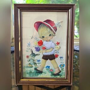 Vintage Framed Embroidered Postcard Boy w/ Anthropomorphic Animals Kitsch Nuco